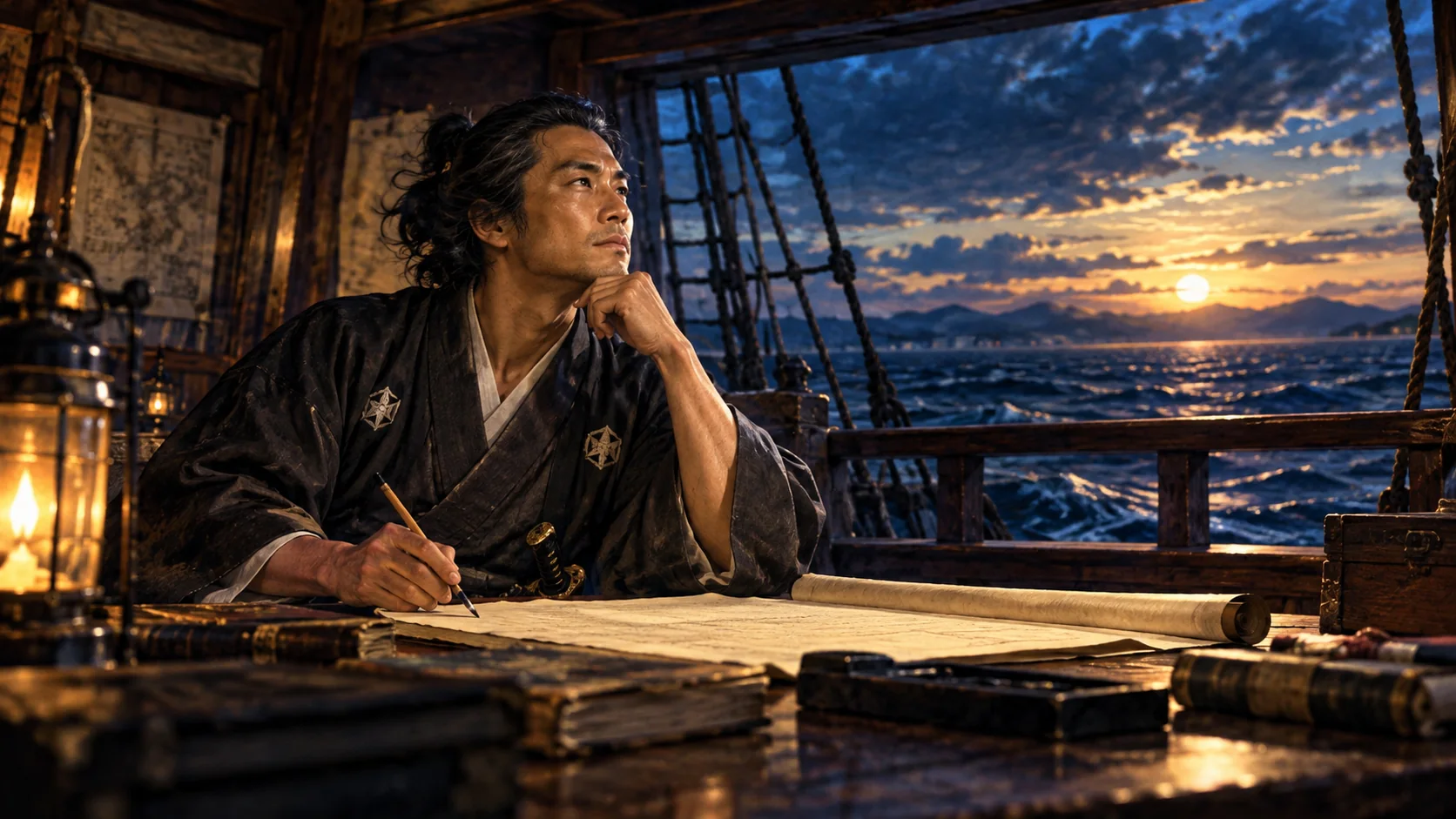 夕暮れの船上で、巻物を前に新しい国の構想を考える幕末の志士を描いた創作イメージ