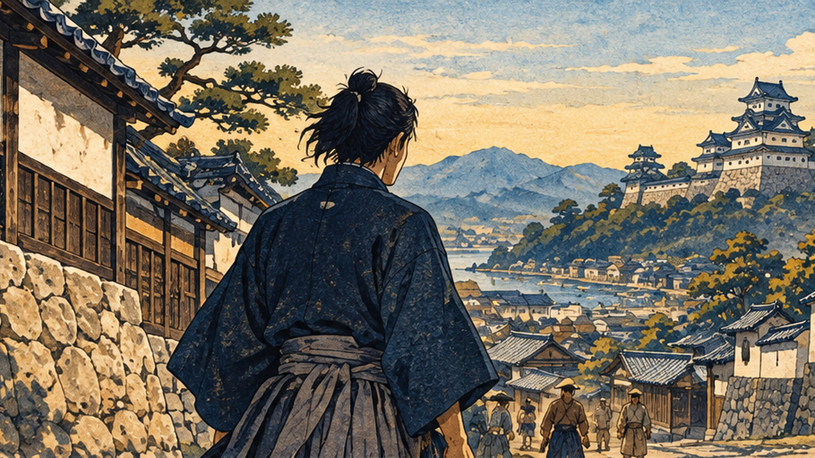 土佐城下を見つめる青年龍馬を描いた和紙調の創作イラスト